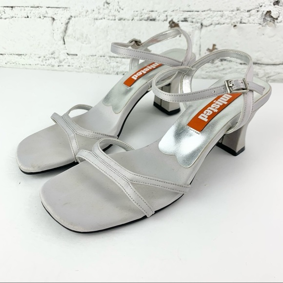 Unlisted Satin Grey Square Toe 90s Slingback Ankle Mini Heels 6 - Picture 1 of 12